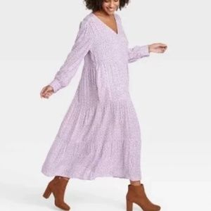 A New Day Long Sleeve Tiered Lilac Purple Floral Print Midi Dress Large L